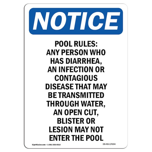 Safety Sign, OSHA Notice, 5" Height, Pool Rules Any Person Who Has Sign, Portrait, 10PK